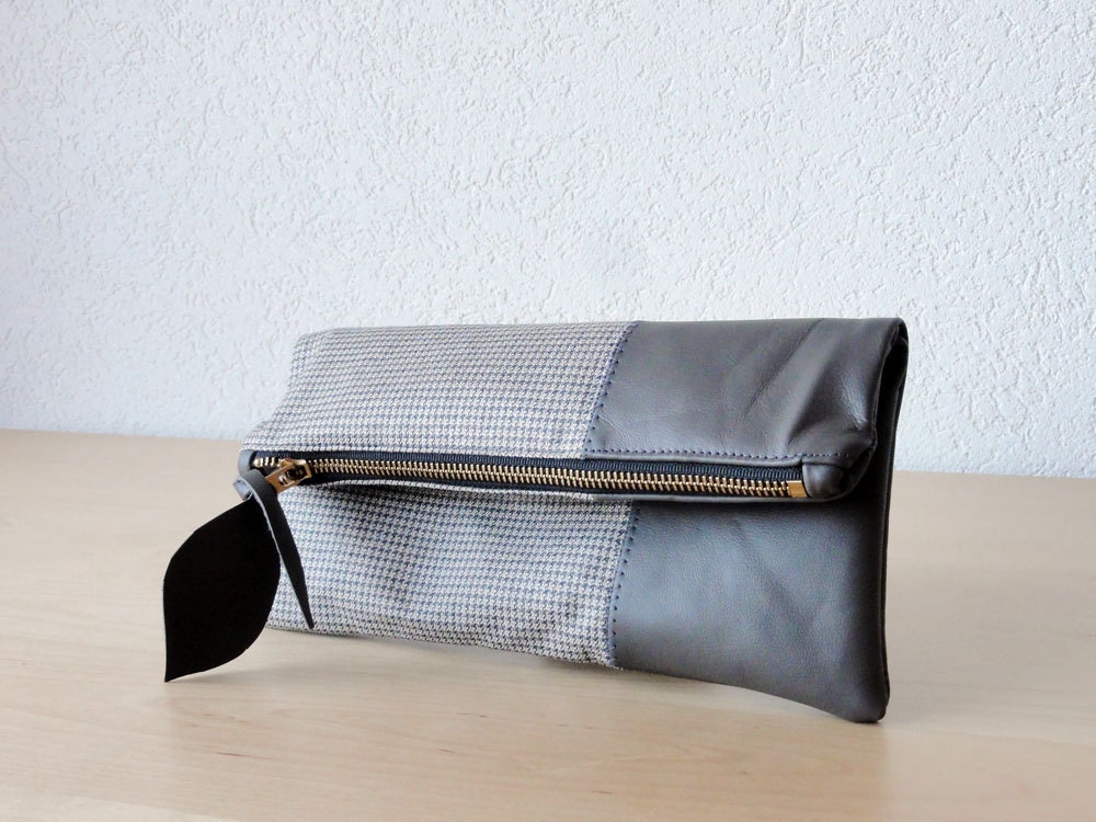 Leather Clutch in Dark Grey Cow Leather and Blended European Wool and Silk - Indie Patchwork Series