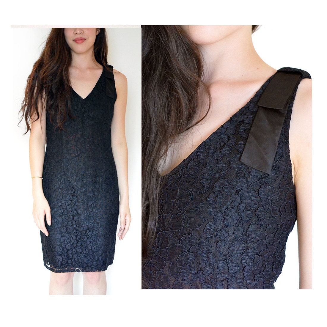 vintage 80s black lace dress M L