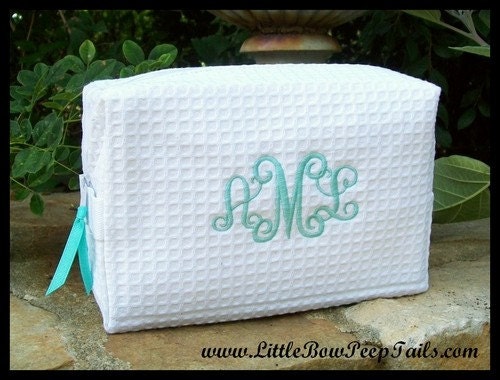 Elegant Script Monogrammed Cosmetic Bag - Personalized Waffle Weave bridesmaids white lime green hot pink aqua blue beach wedding colors