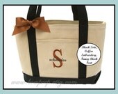 Black Natural Canvas Large Boat Tote with Ribbon Bow - Initial and Name Personalized Tote - bridesmaids gifts beach destination wedding