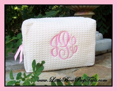 Monogrammed Cosmetic Bag - Personalized Waffle Weave bridesmaids womens makeup make up case bride shower wedding gifts idea pink hot