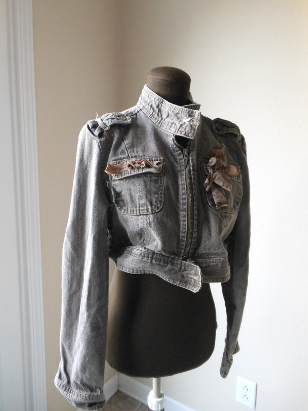 Bohemian Crop Jacket MIlitary Stone Brown Denim Tattered Boho Altered Couture Autumn Eco Friendly Back to School Fashion