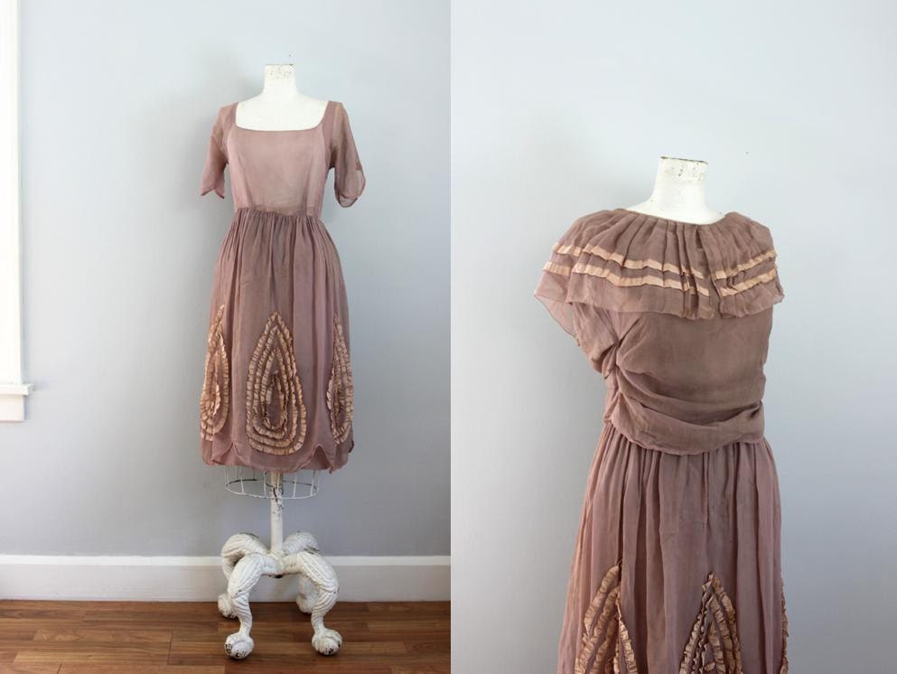 antique 1910s - 20s FIRST KISS romantic chiffon dress & ruffle blouse