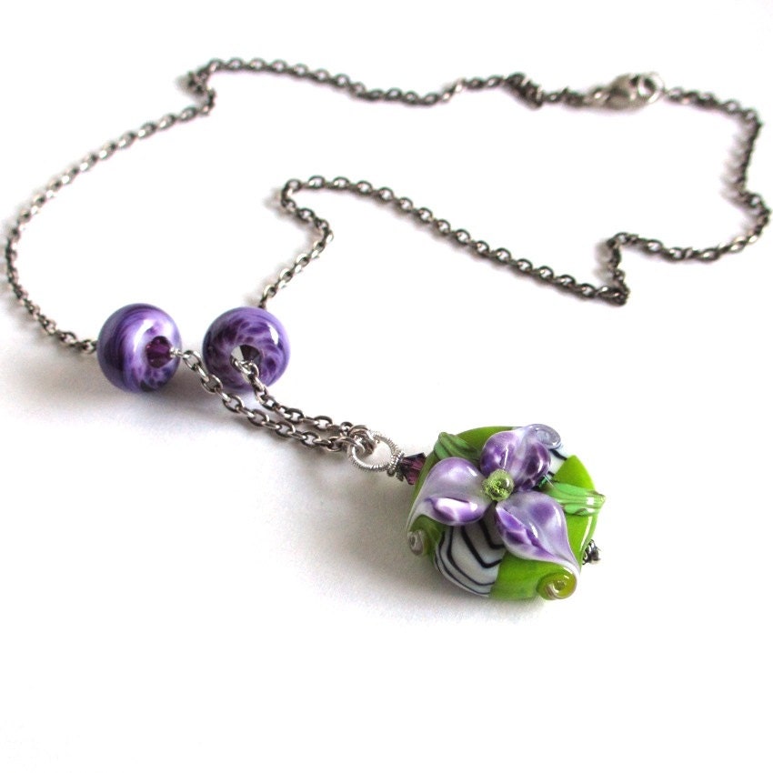 Handmade Purple Flower Lampwork Necklace on Sterling Silver, Aida - sandcastlejewels