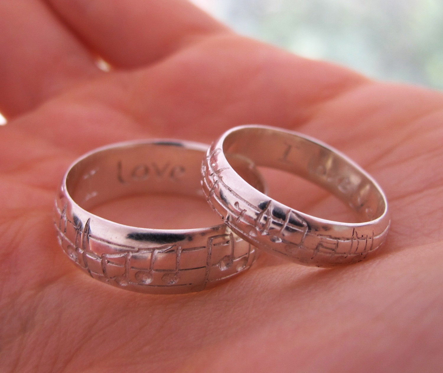 Your Song Wedding Ring Set - 10 Karat White Gold - Made to Order - Custom Size - Real Music matches your choice of song - Rickson Jewellery