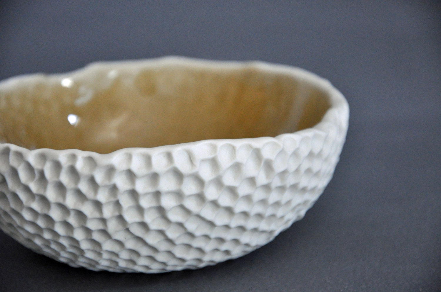 Amber Hive Textured Ceramic Bowl - Modern Kitchen Porcelain White Serving Bowl