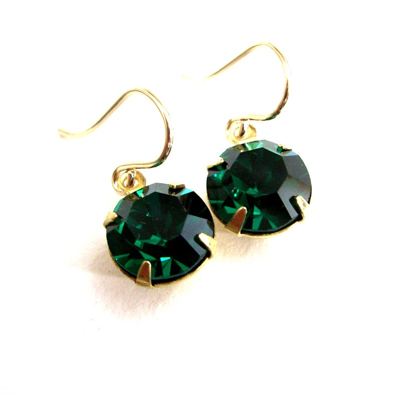 Emerald Green Earrings 14K Gold-Filled Rhinestones Petite Glam Dainty