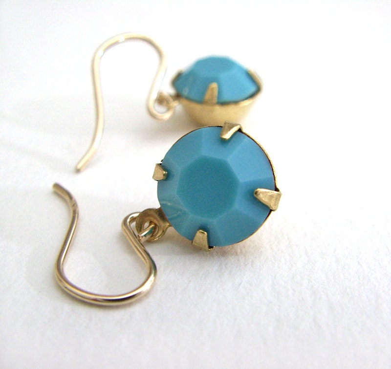 Turquoise Rhinestone Earrings,  Petite Drop Earrings, 14K Gold-Filled Ear Wires, Swarovski Round Glass Jewels, Petite Glam Earrings