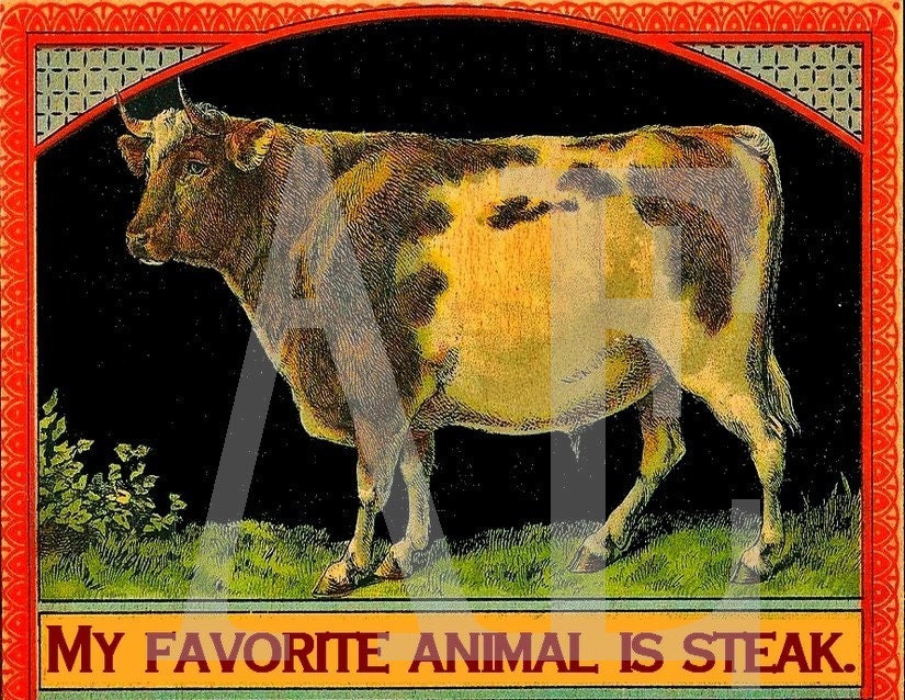 RC-028 Artistic Ephemera Recipe Cards - Set of 8 - Victorian Can Label Cow - My Favorite Animal is Steak - Also Available as Postcards