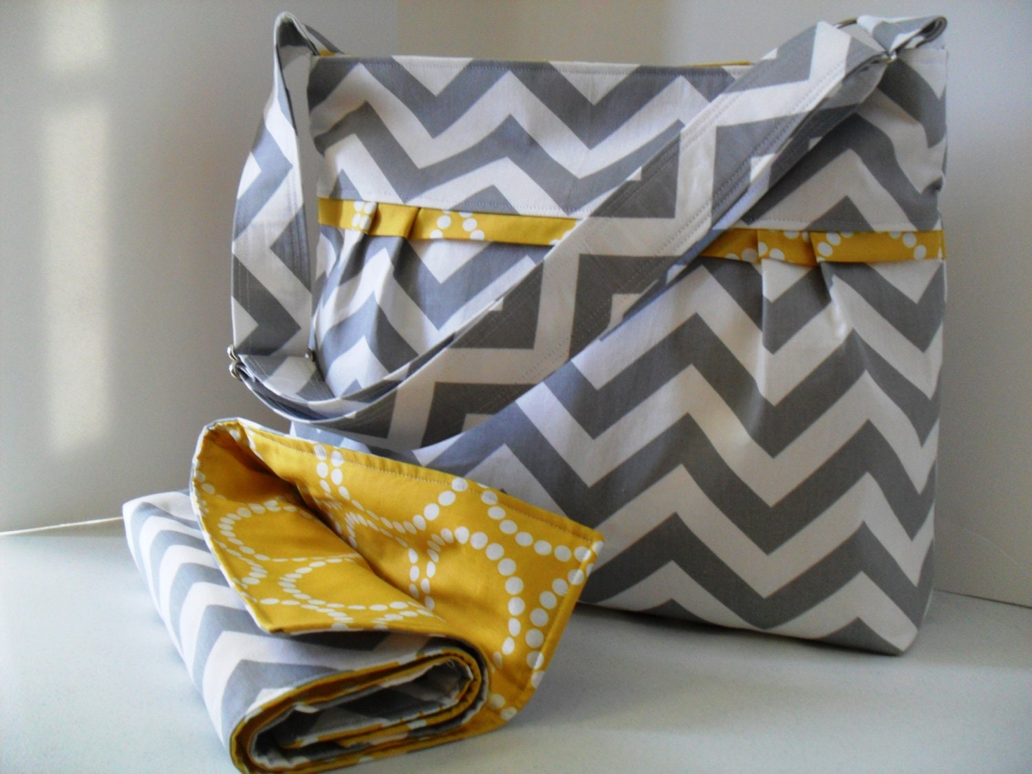 Large Diaper Bag Set Made of Chevron and Yellow - Adjustable Strap