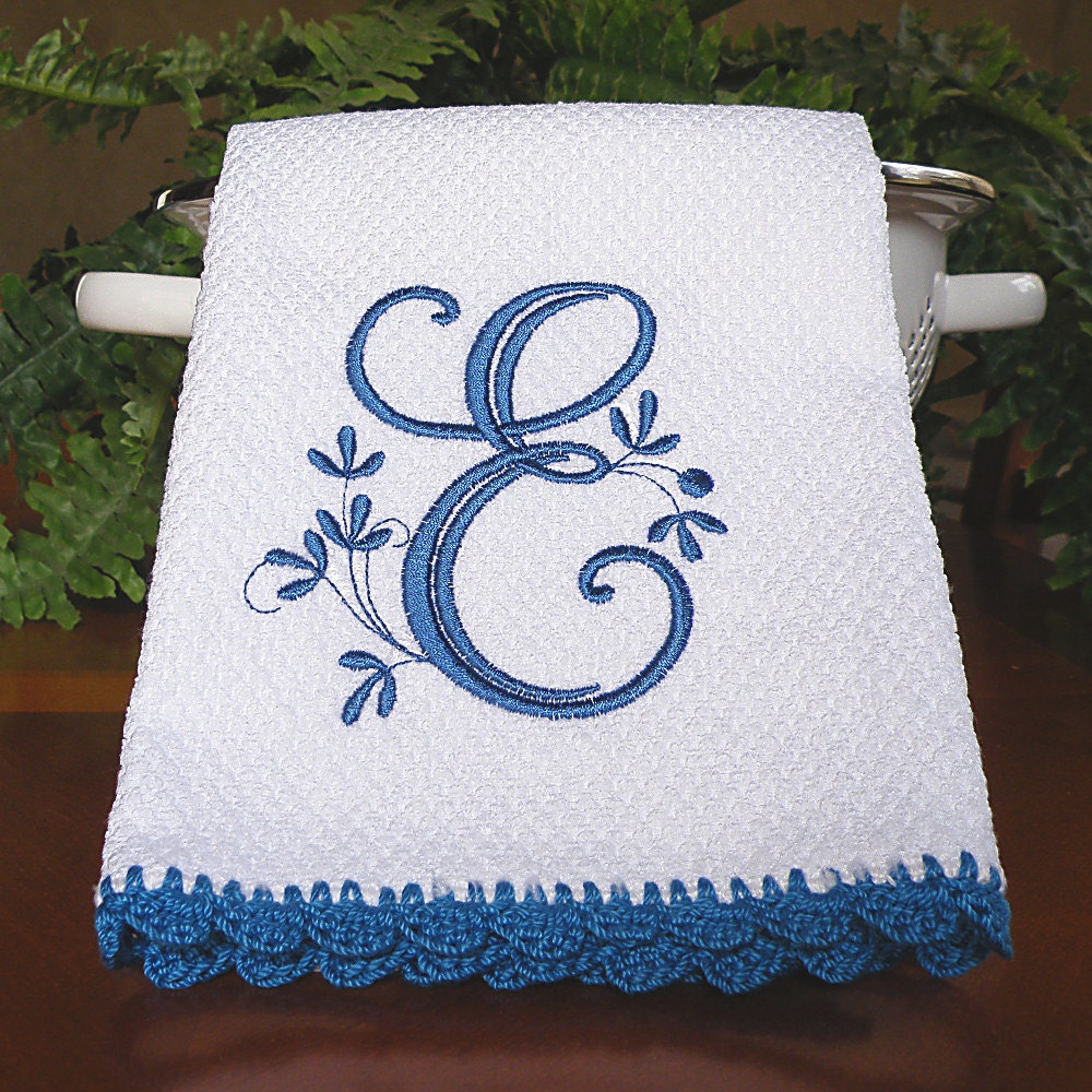 Monogrammed Dish Towel, Monogrammed Kitchen Towel Blue Crocheted Edge Towel,