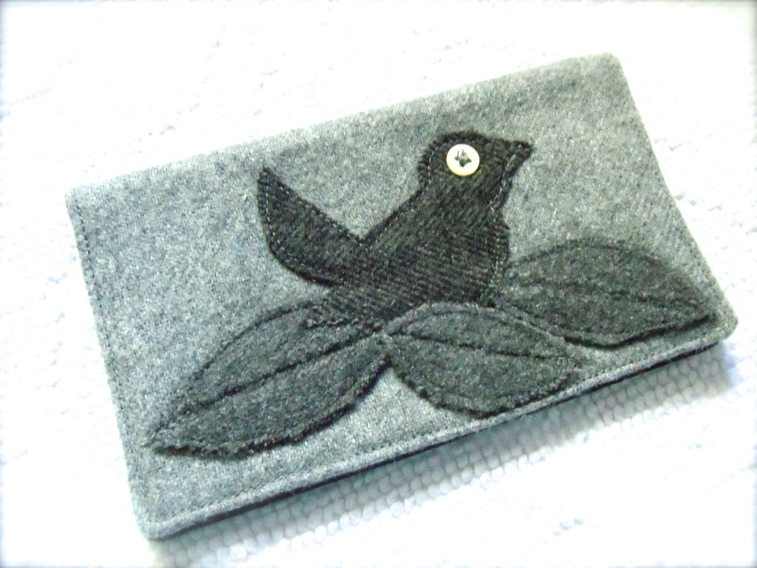 Birdies in Black and Grey Tweeds Checkbook Cover Repurposed Wool