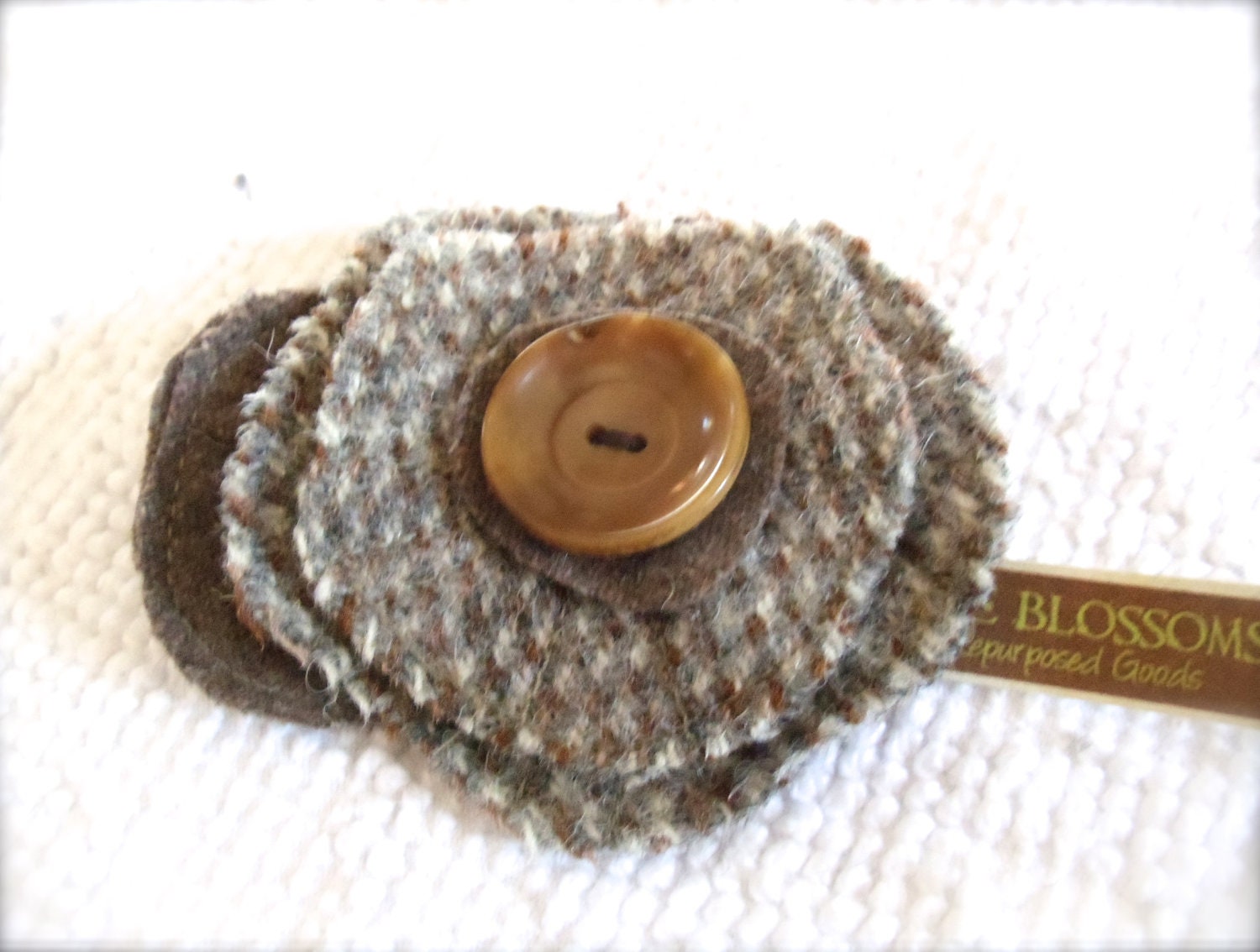 Tweedy Poppy Repurposed Wool Brooch with Super Cool Vintage  Vegetable Ivory button