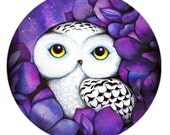Snowy Owl Pocket Mirror - Bird Theme Accessory - Purple Flower Blossoms Dark Night Sky Fantasy