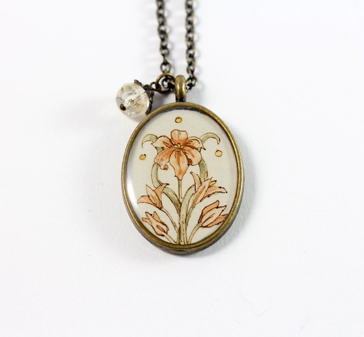 Light Orange Lillies, Art Nouveau Inspired Hand Painted Necklace