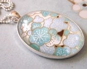 Turquoise Japanese Glass Pendant Necklace Oval Chiyogami Silver - Fresh Bloom