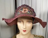 Art Deco 1930's Style Wide Brimmed Straw Hat with Embroidered Applique
