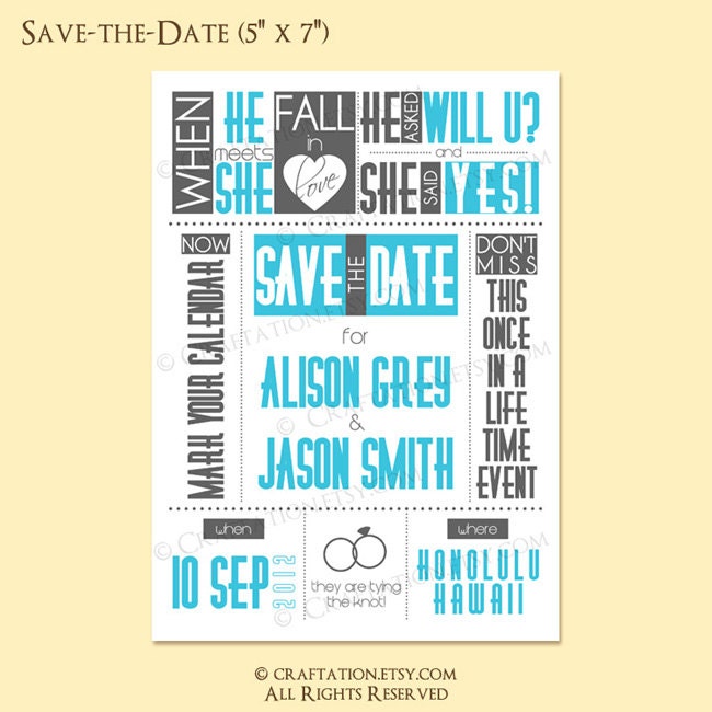 Custom Modern Retro Wedding Save The Date Digital Design - Typography / Heart / Rings / Will You & Yes - Printable