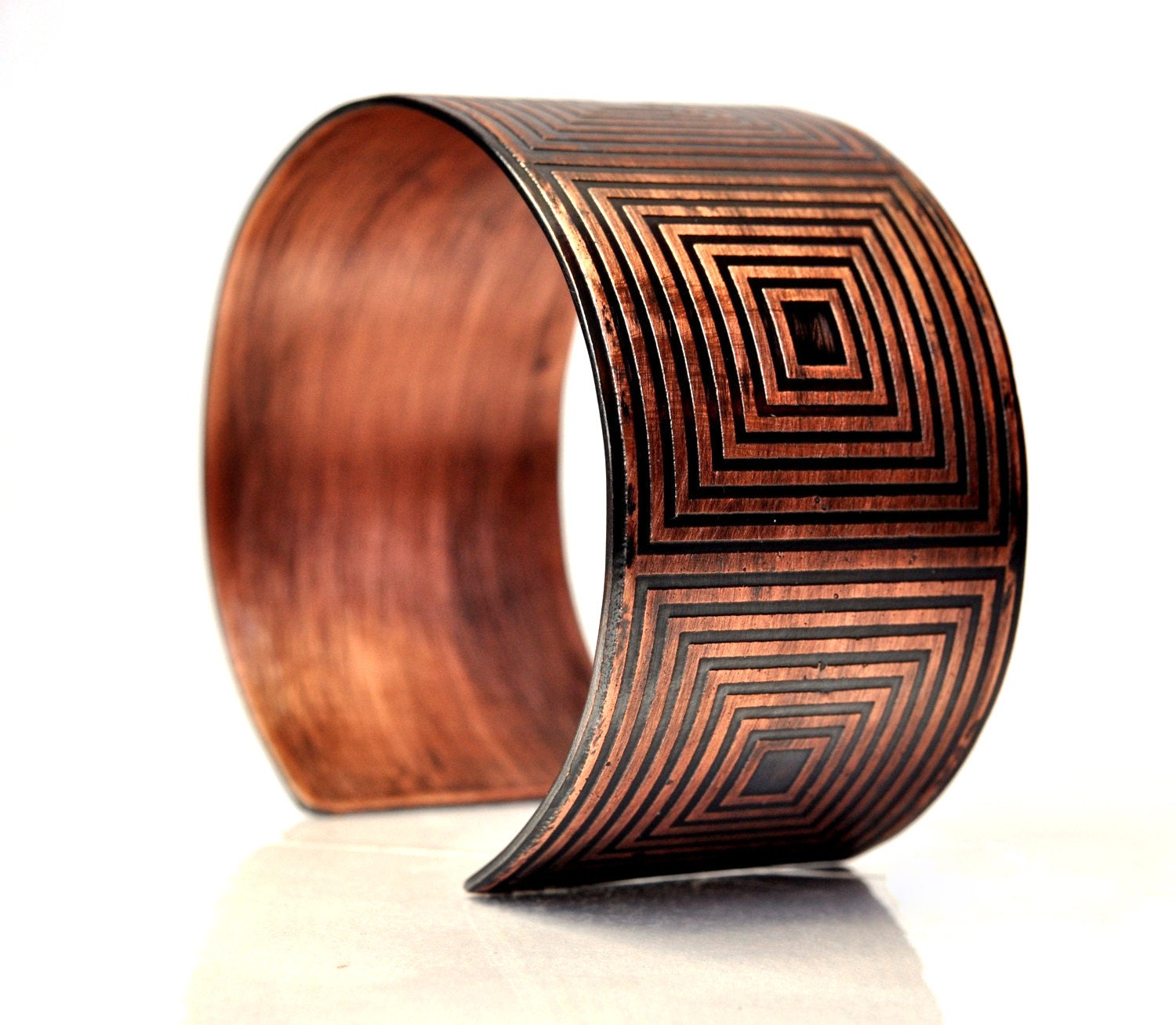 Copper Etched Cuff Bracelet Graphic Squares