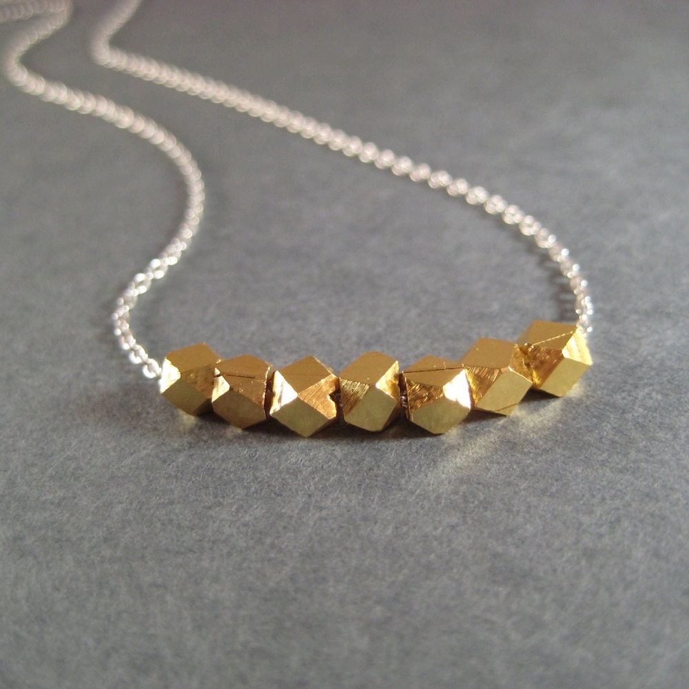 Gold Vermeil Necklace, Vermeil Nugget Necklace, Mixed Metal Jewelry, Faceted Nugget, Sterling Silver Chain