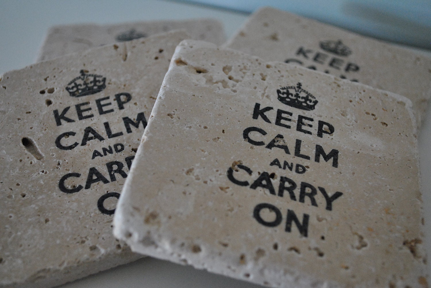 Keep Calm and Carry On Natural Stone Coasters. Set of 4. Holiday Gift, Hostess Gift