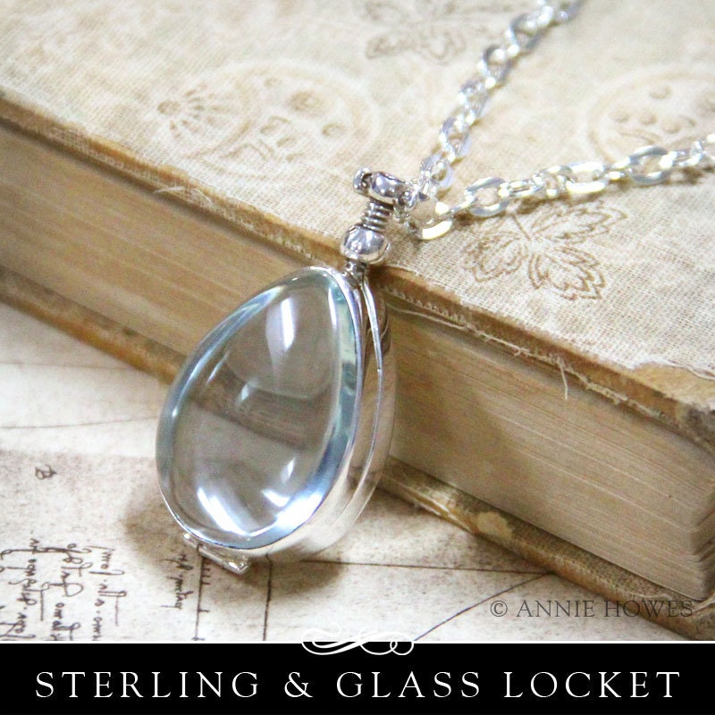 Sterling Silver Antique Glass Locket Pendant. Wedding Bouquet Charm. Tear Drop Shape. As seen in Pottery Barn. 28 x 21mm AHSSTGLP