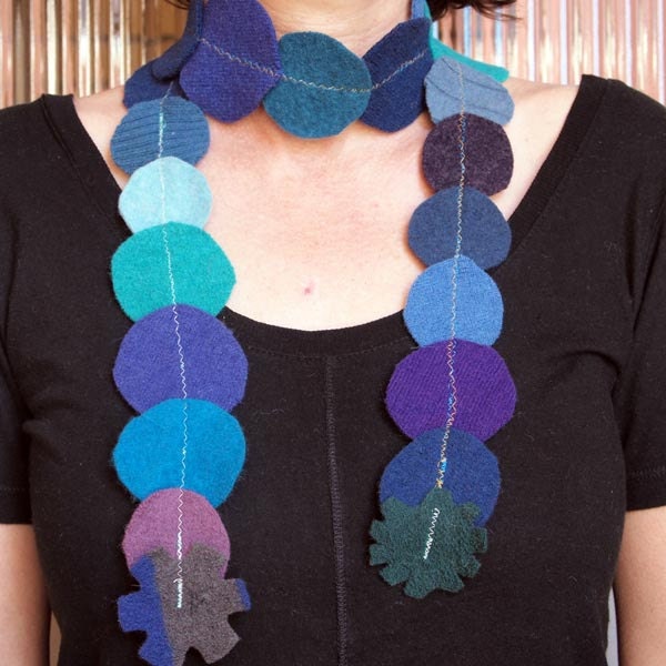 Short Wool Scarf Upcycled Sweater Circle Scarf- Electric Blues and Greens