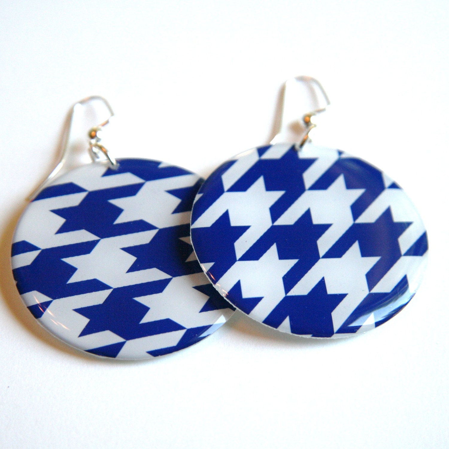 Royal Blue & White Houndstooth Pattern Large Resin Earrings with Sterling Ear Wires