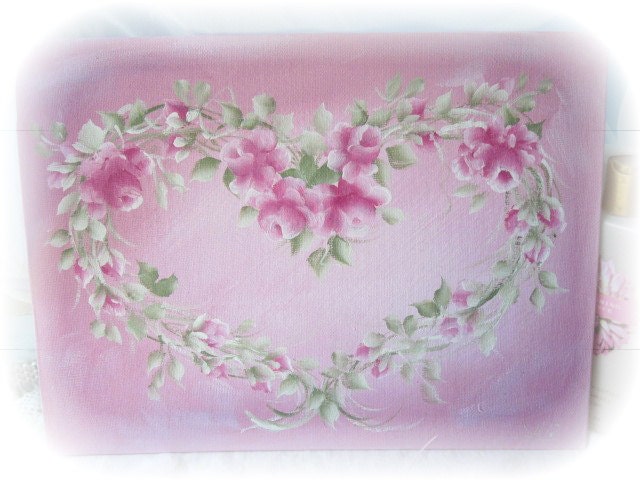 Shabby Sweet Hand Painted Art Pink Roses in a Heart ECS cst