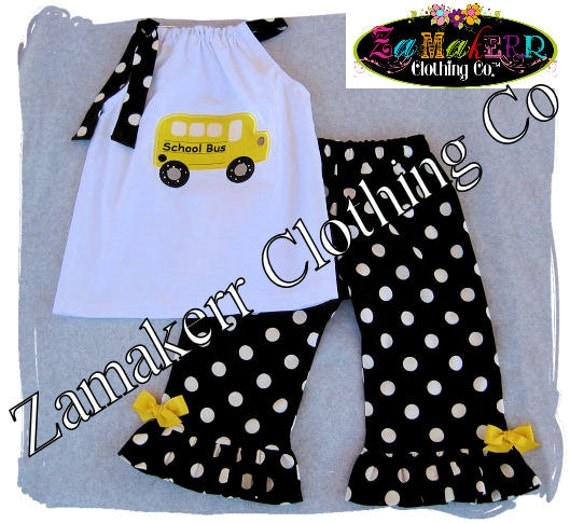 Custom Boutique Clothing Back To School Bus Pillowcase Dress Top Ruffle Pant Outfit Set 3 6 9 12 18 24 month size 2T 2 3T 3 4T 4 5 5T 6 7 8
