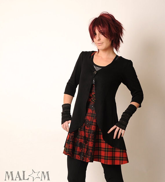 Long black cardigan - Pleated swallowtail jersey jacket - Black jersey - Office fashion