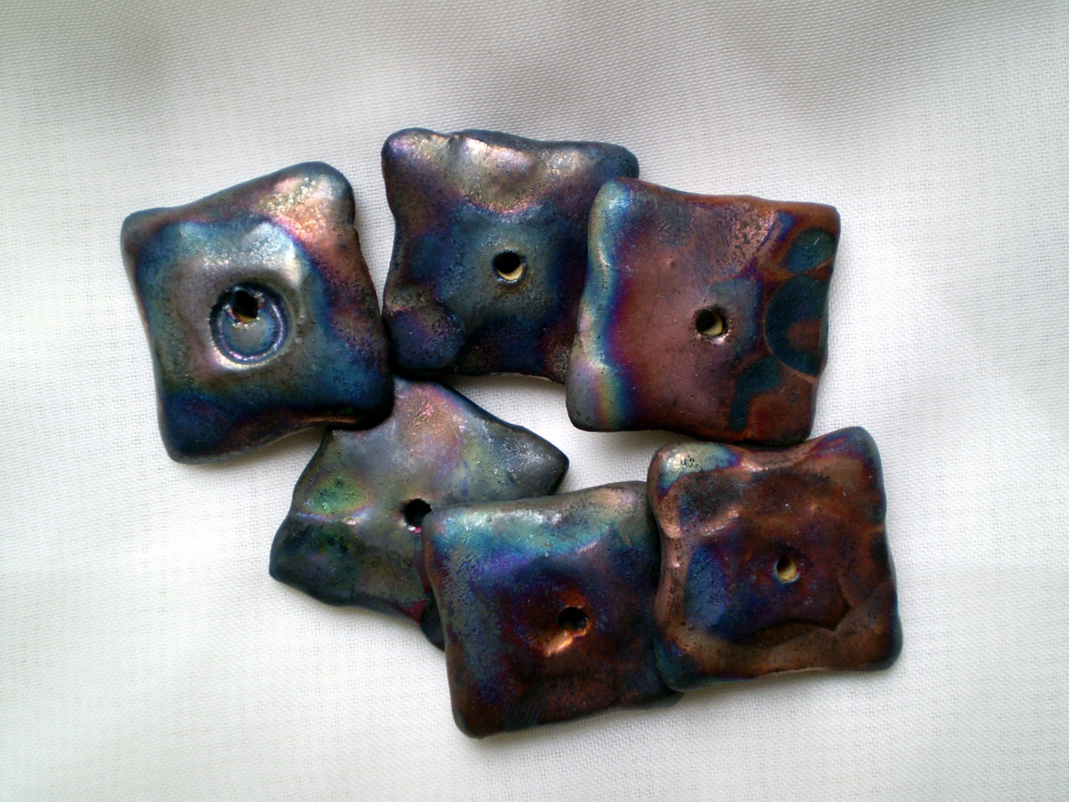 Clay Raku Square Beads, Set of 6, Multi Colored Copper and Blue, Handmade Bead supply, Large 7/8"-1"