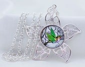 Green Bird Necklace, Shiny Silver, Photography, Digital Art Picture Jewelry