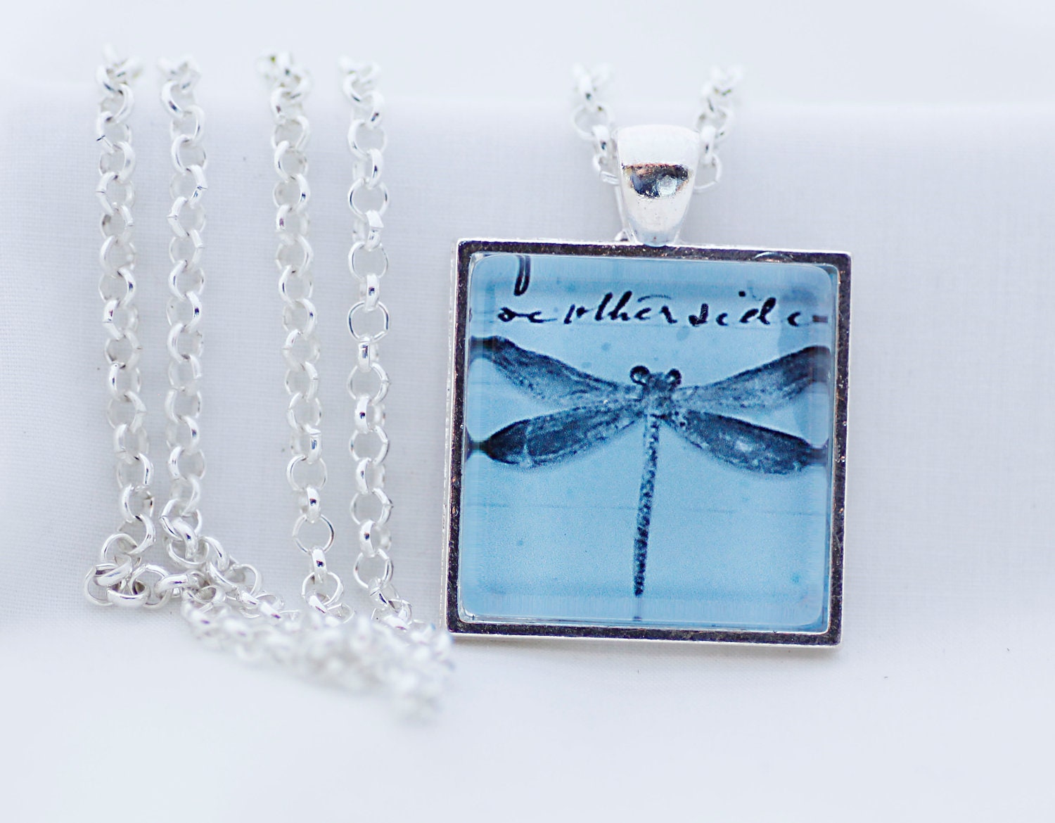 Blue Dragonfly Necklace, Silver Pendant, Digital Art Picture Jewelry