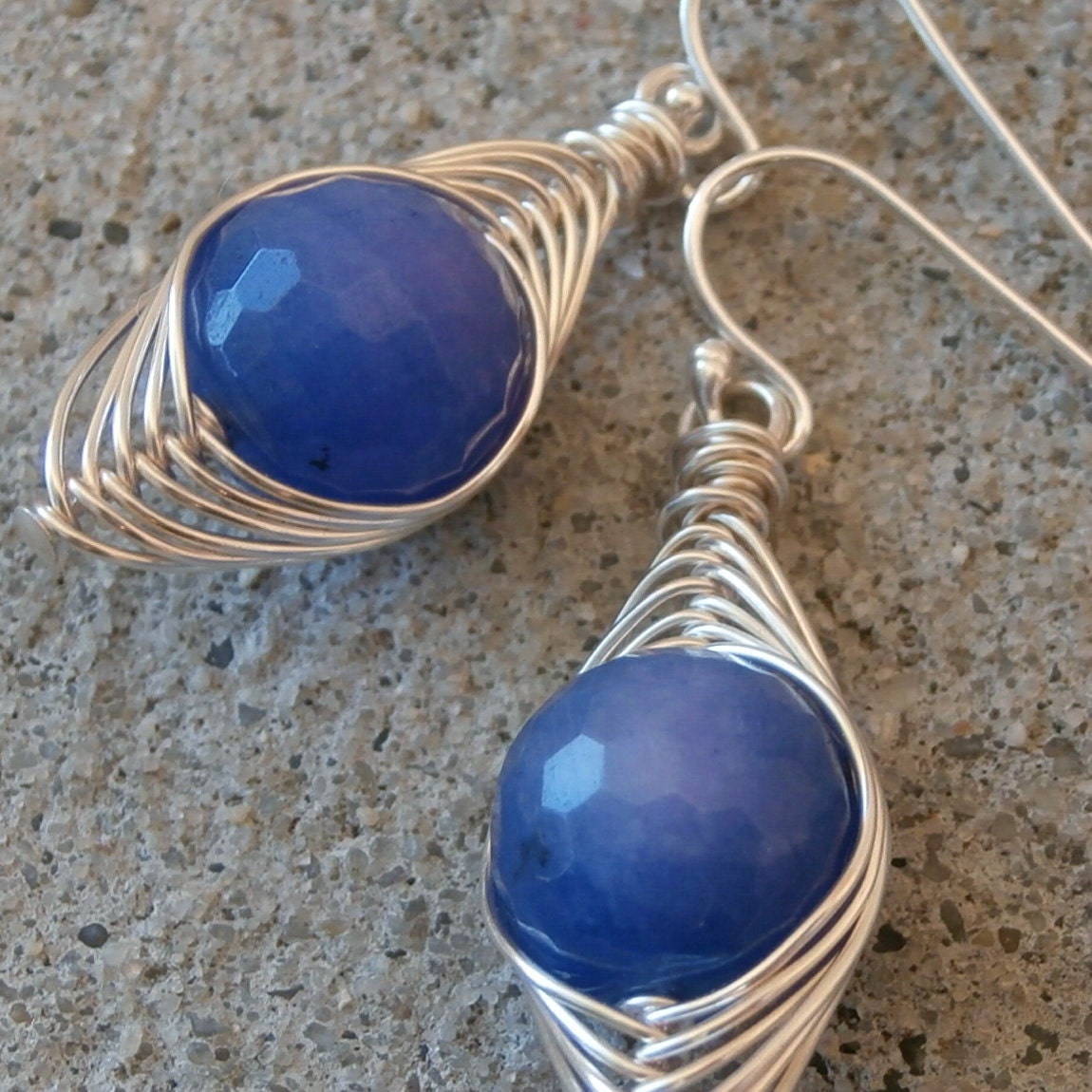 Cool Earring, Chunky Earrings, Periwinkle Blue Mountain Jade Gemstones with Elaborate Silver Wire Wrap