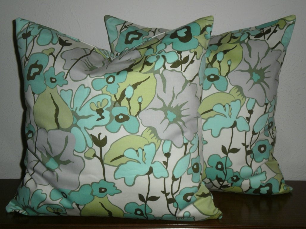 Free Domestic Shipping. Decorative Set of Two Pillow Covers - 18 inch Modern Love in Gray by Amy Butler. Invisible Zipper