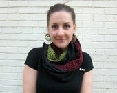 fat fiona circle infinity scarf (black jersey with burgundy & light olive crochet trim)