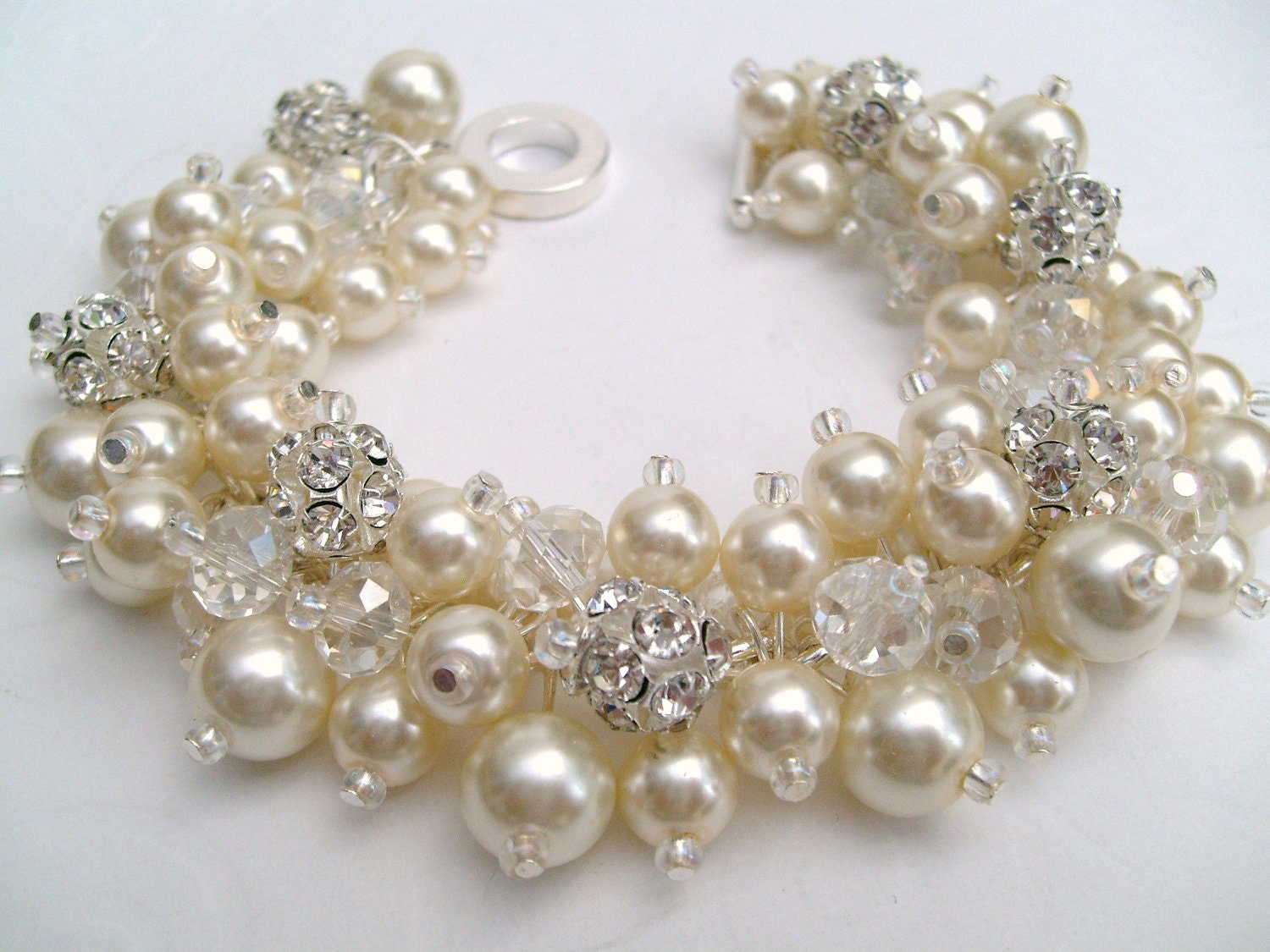 Bridal Jewelry, Wedding, Pearl Bridesmaid Bracelet, Pearl and Rhinestone Bracelet, Cluster Bracelet, Pearl Bracelet, Ivory Pearl Jewelry