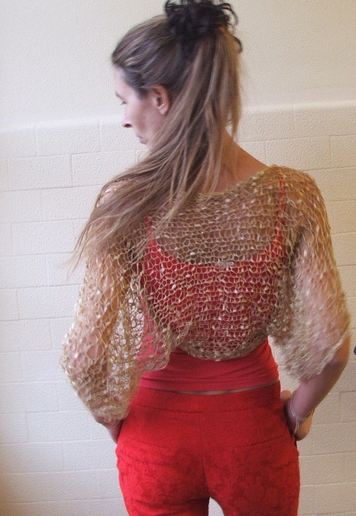 Gold Shrug / golden metalic loose weave evening shrug
