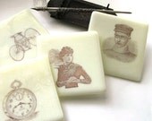 Gothic Steampunk  - Fused Glass Coasters - Vintage Sepia Images