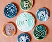 7 Handmade Ceramic Buttons - Eclectic Assortment - Large Spiral Button, Owl Button, Hare Button