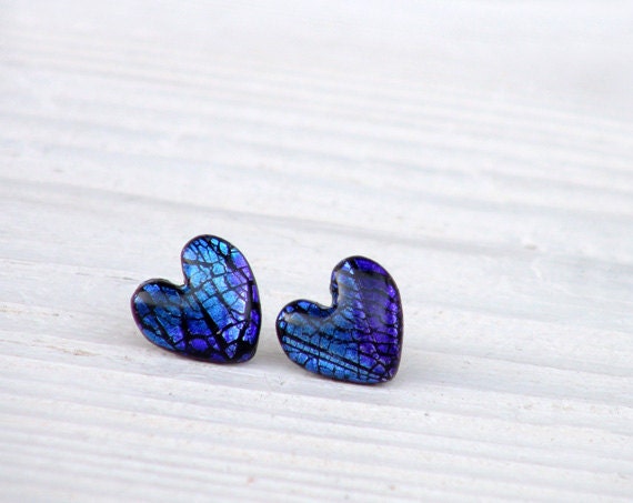 Tiny Earrings - Heart Ear Studs - Galactic Blue - Everyday Earrings - Women Jewelry - Childrens Jewelry - Gift idea