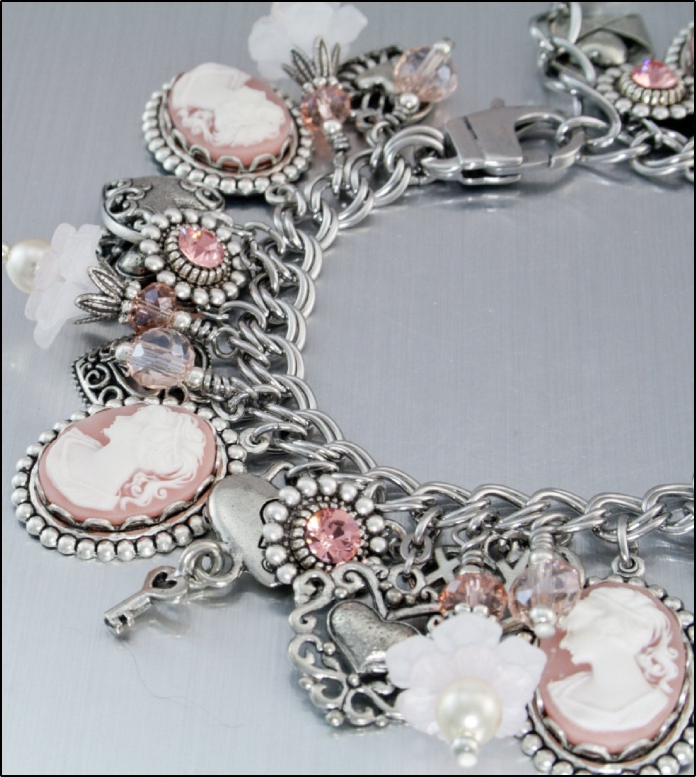 Vintage Silver Cameo Charm Bracelet, Vintage Rose Cameo, Flowers and Pearls, Vintage Inspired Rose Cameo Jewelry