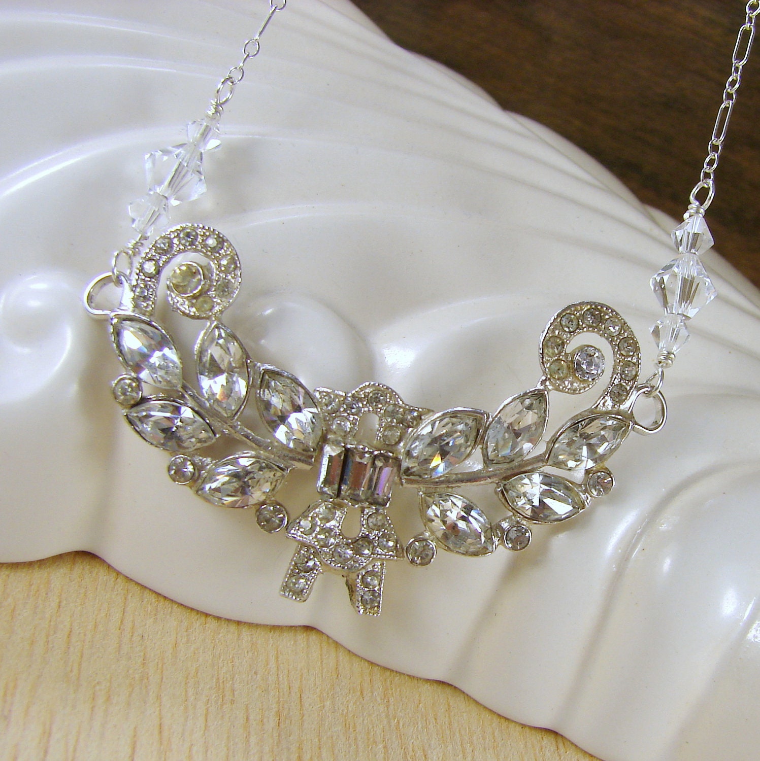 Wedding Jewelry Rhinestone Necklace Crystals Sterling Wire Wrapped Vintage OOAK