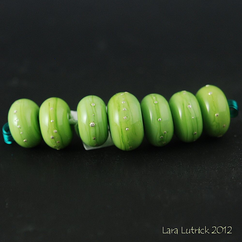 Green Lampwork Beads with Fine Silver Wire