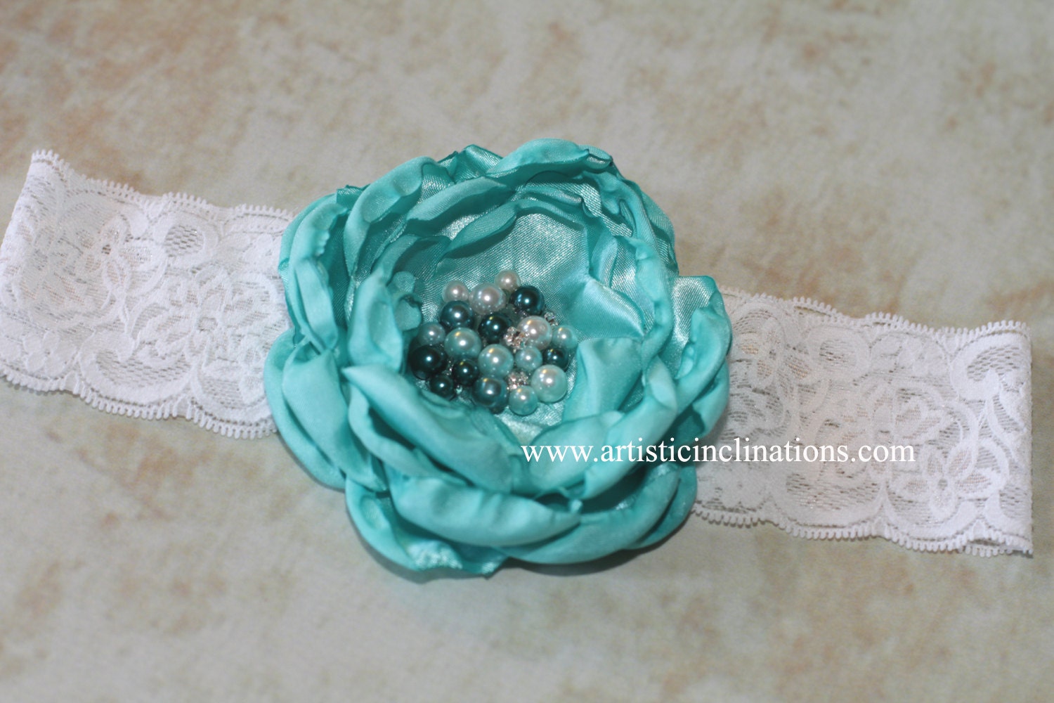 Glamour Me Up - Couture Handmade Headband in Aqua, Gorgeous Rose