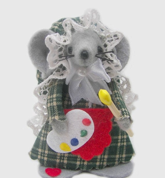 Christmas Ornament Artist Mouse felt mice collectible gift for animal lover red and green