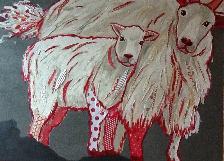 Red and White Rams Animals Original Paper Collage Painting
