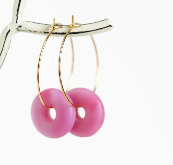 Pink Jewelry - Gold Hoop Earrings With Vintage Pink Lucite Donut Beads, Memorial Day Sale