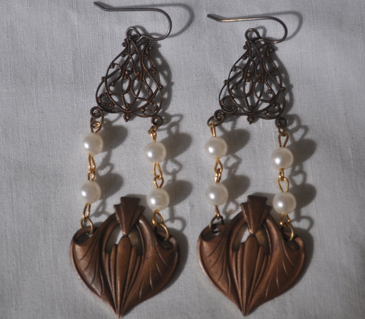 Vintage art deco pearl and brass long repurposed earrings